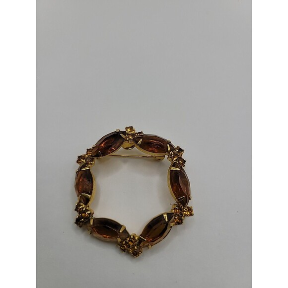 Vintage Brooch Pin Round Gold Tone Brown Yellow Crystals Jewelry Costume - Picture 1 of 13
